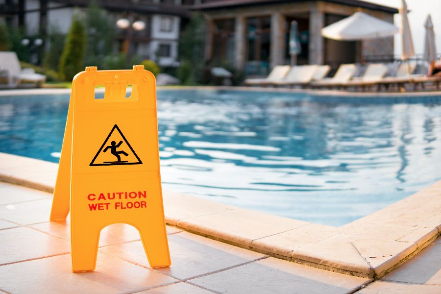 A slippery surface sign beside a swimming pool